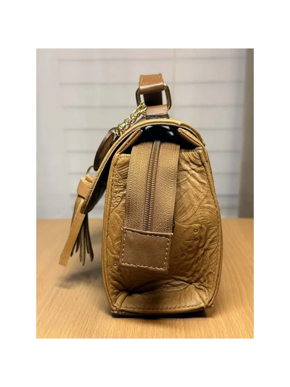 Camel Beige Sunflower Embossed Tooled Artisan LEATHER Crossbody bag Purse